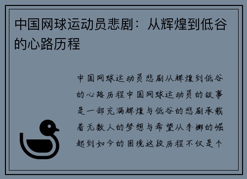 中国网球运动员悲剧：从辉煌到低谷的心路历程